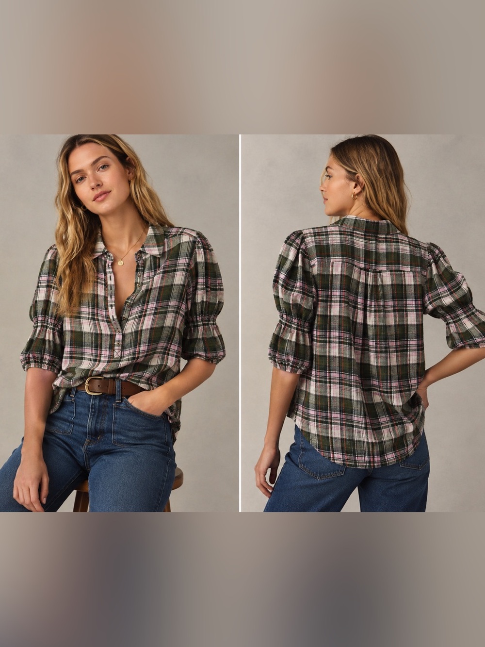 Anthropologie Pilcro Tallulah Puff-Sleeve Plaid Buttondown Top Size XS
